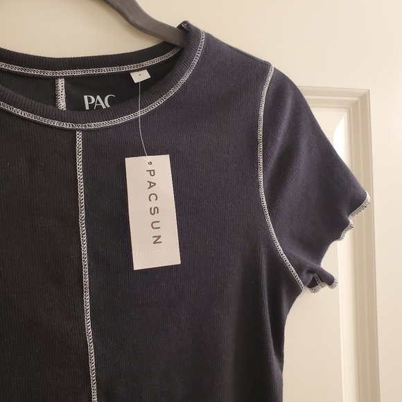 Pacsun PacCares Trusting Black Exposed Seams Ribbed Short Sleeve Crop Top - Picture 5 of 8